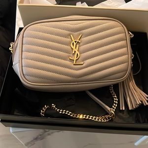 YSL handbag, Mini Lou in quilted leather. Color is dark beige